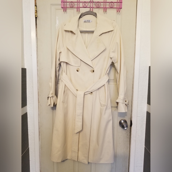 Style State Long Line Collared Trench Coat with Button and Pockets Beige Sz 8 - Picture 1 of 14